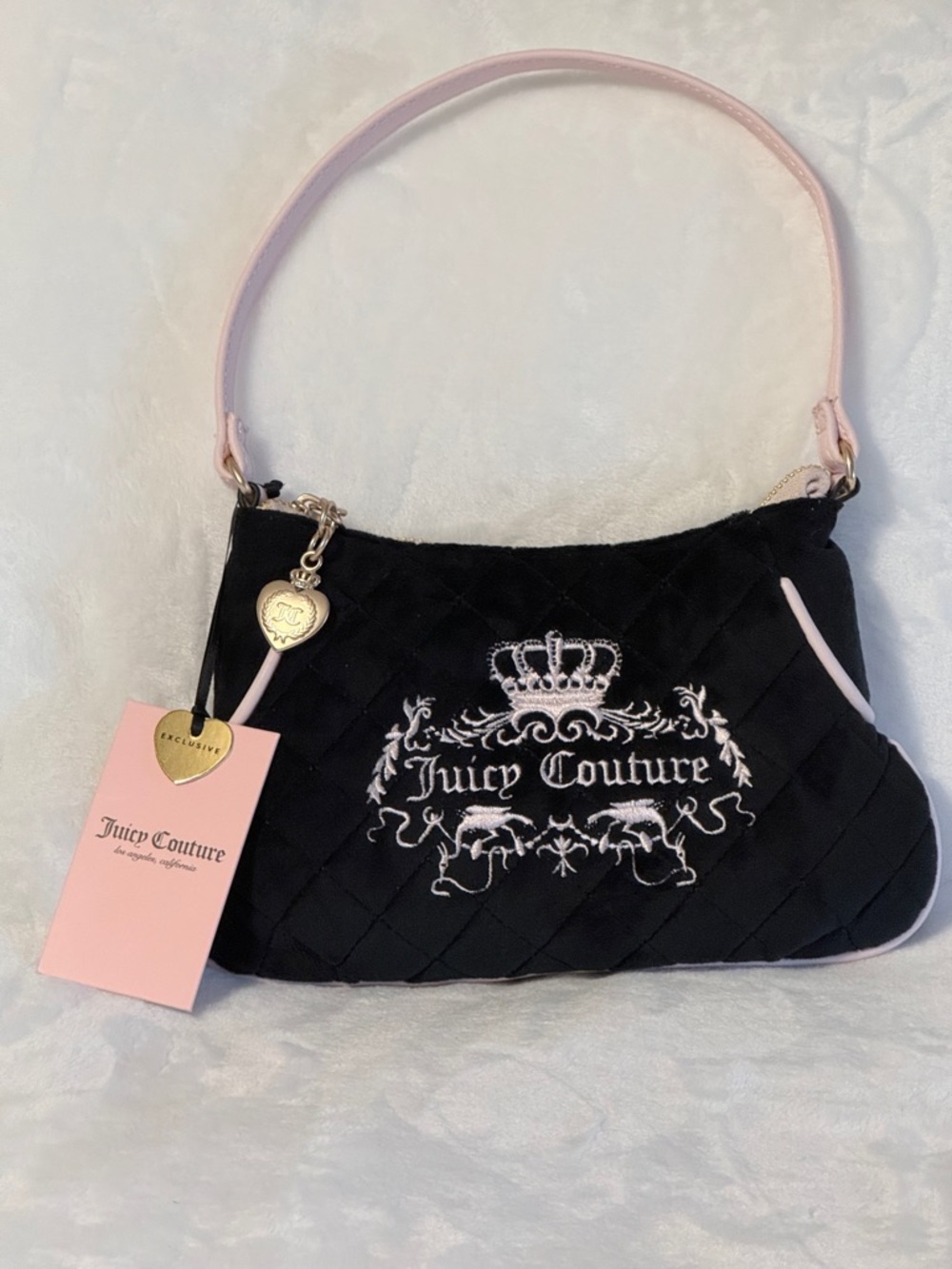 Juicy Couture Liquorice Shoulder Bag Wristlet with Pink Trim and Heart Charm